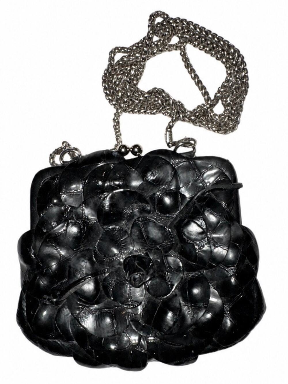 BRIGHTON Rosalie Shine Mini Kisslock Clutch Crossb Black Leather 3D Flower